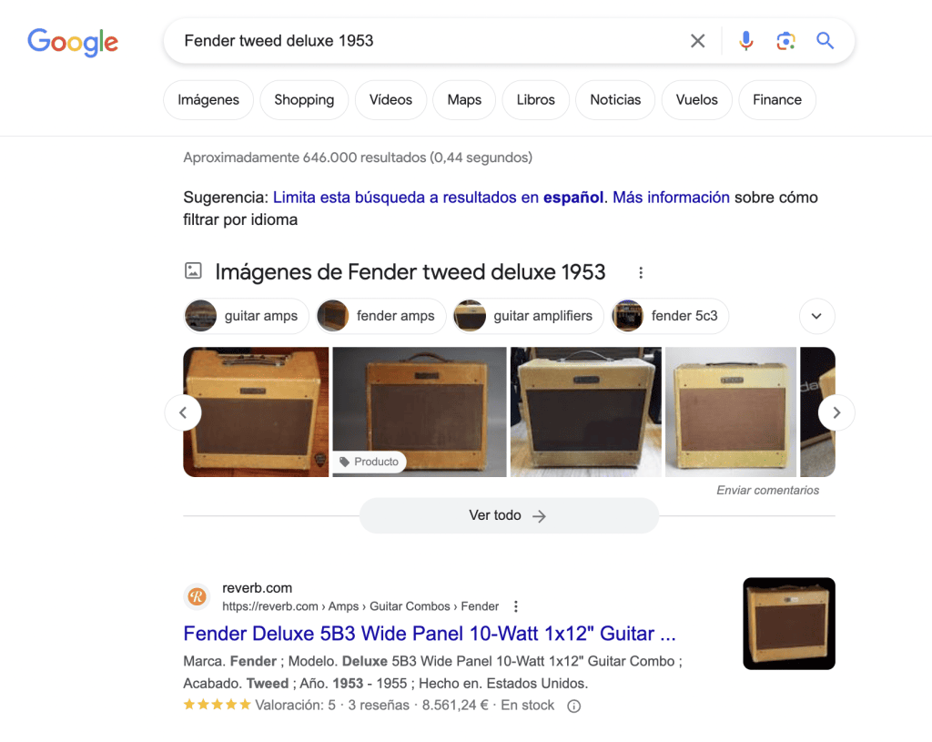 Snippet de producto en los resultados de Google al buscar "Fender Tweed Deluxe 1953"