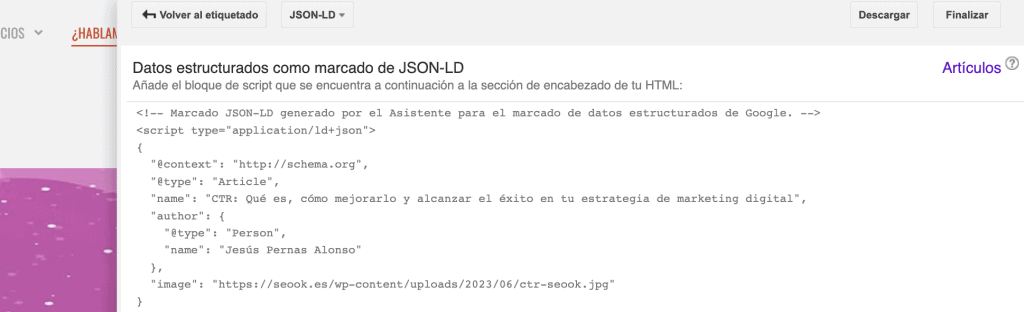 Código JSON para el marcado de datos que deberá insertarse entre las etiquetas y del código HTML de la web