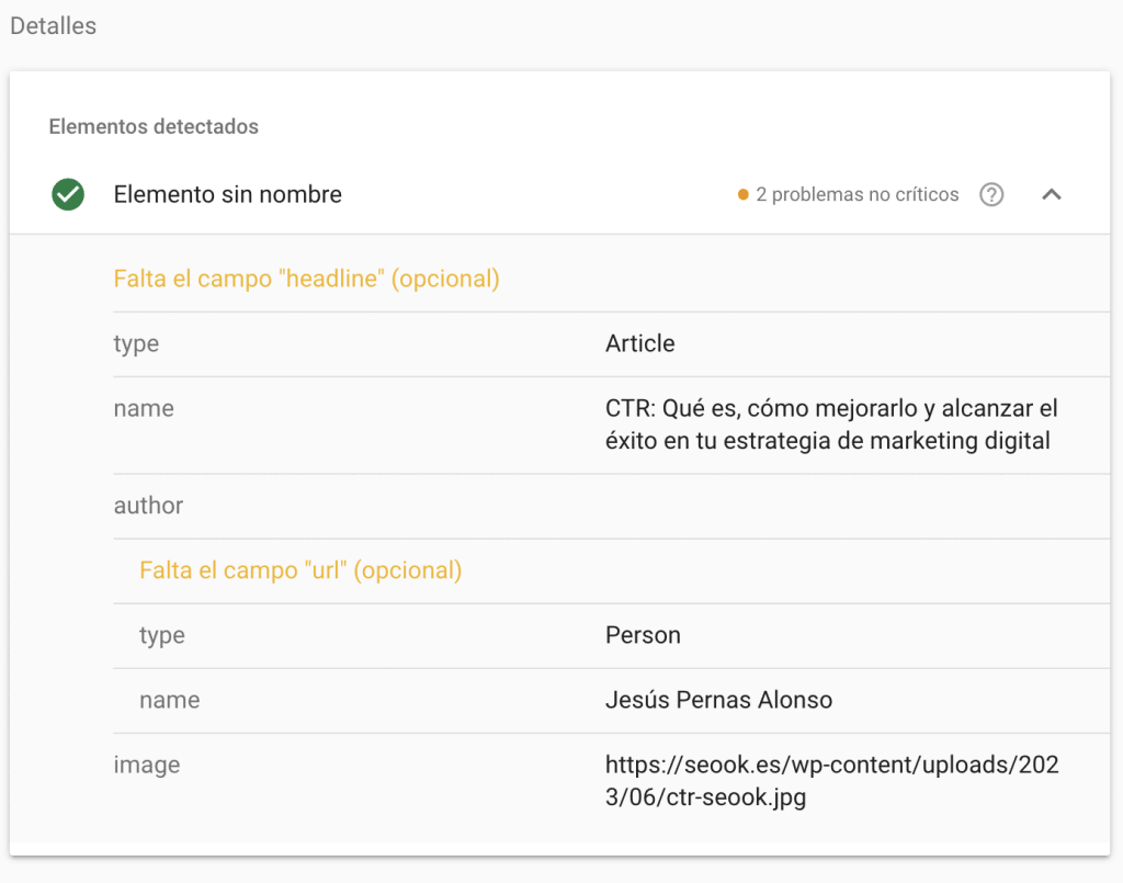 Consultando el detalle de los errores que nos muestra la herramienta de validación de datos estructurados de Google