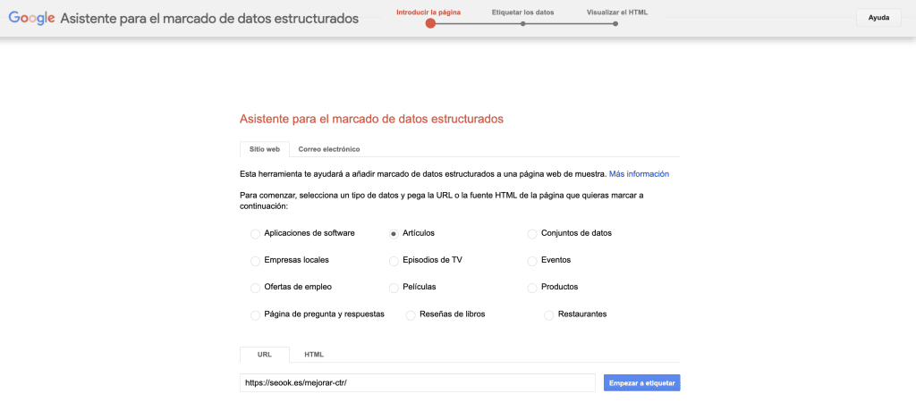 Asistente para el marcado de datos estructurados de Google