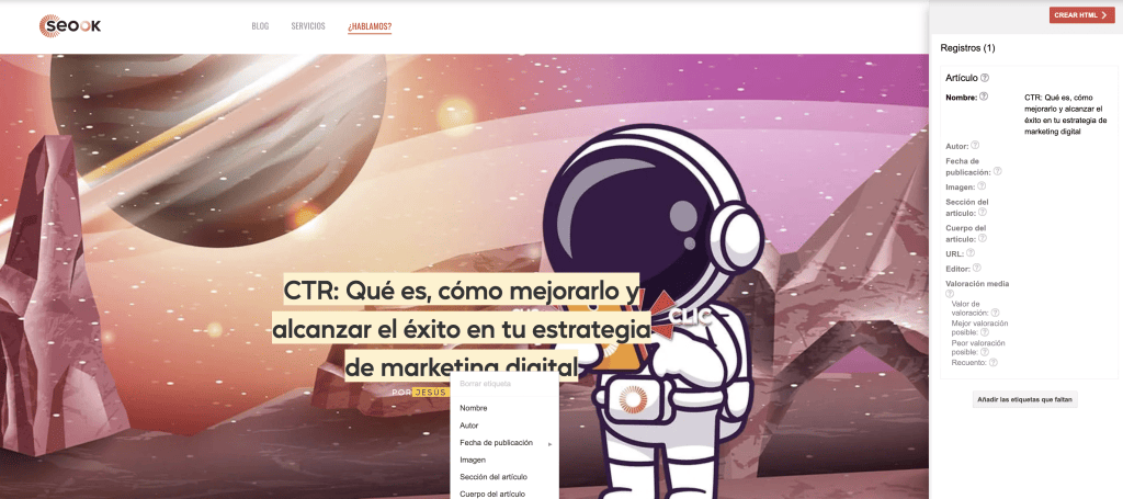 El etiquetado de los datos estructurados es tan sencillo como subrayar y escoger la categoría con la herramienta de Google