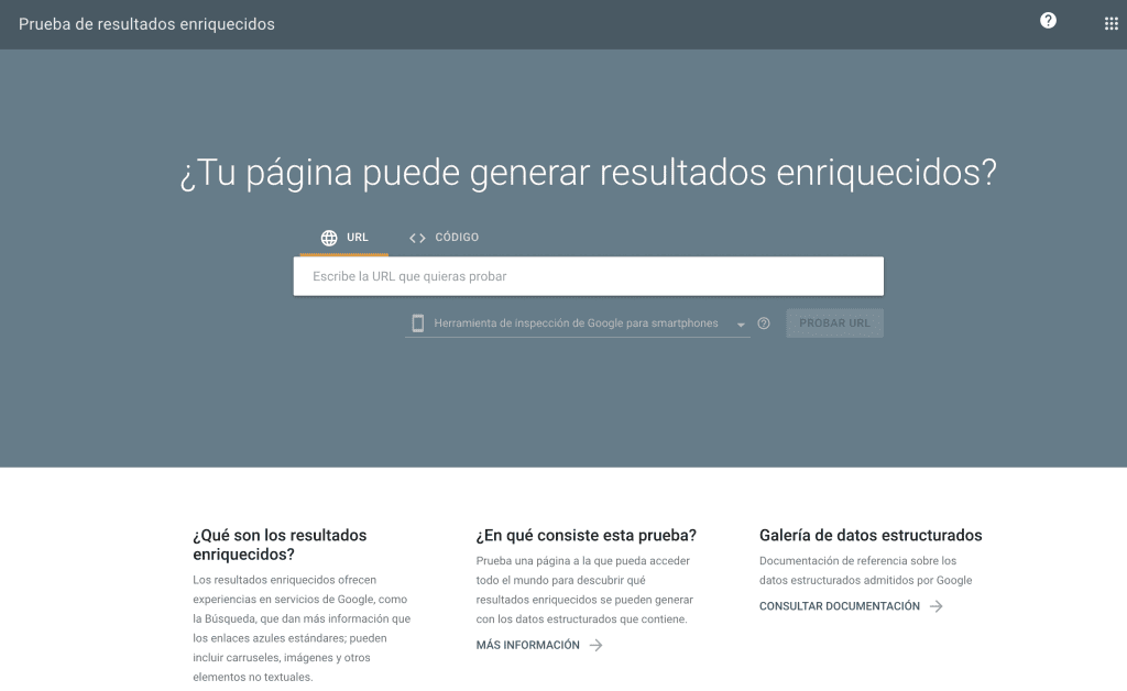 Página de Google para verificar la implementación de los datos estructurados