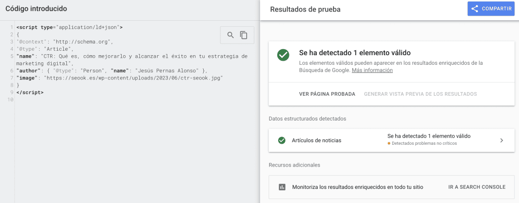 En este caso se muestra un elemento válido, pero en el que se han detectado problemas no críticos.