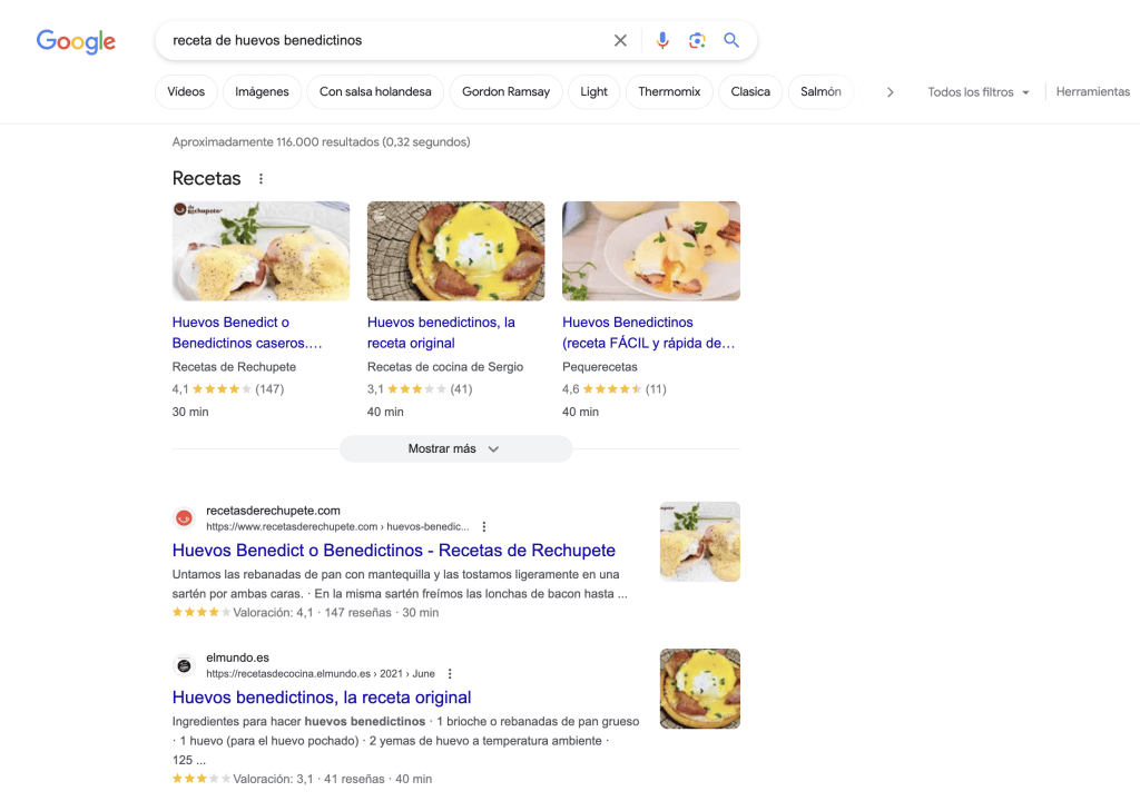 Aplicando los datos estructurados de receta podemos conseguir que Google muestre nuestra receta de una forma más visual e incluso aparecer dos veces en el mismo resultado.