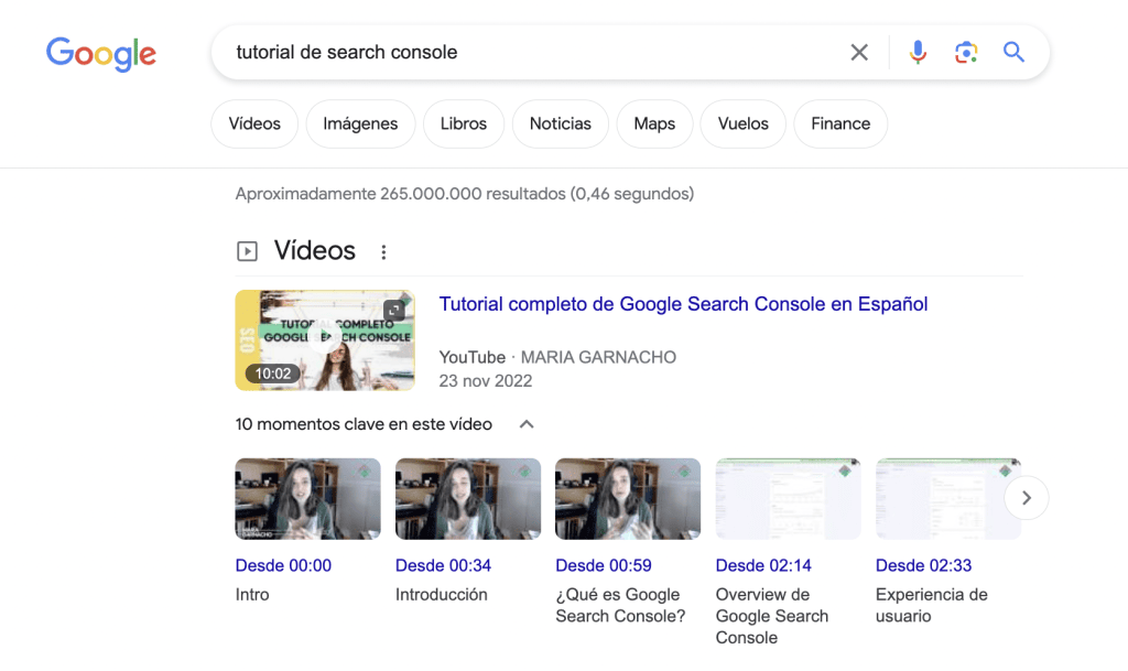 En este ejemplo vemos como gracias a un buen marcado de datos de su vídeo, María Garnacho ha conseguido más visibilidad para su tutorial de Search Console
