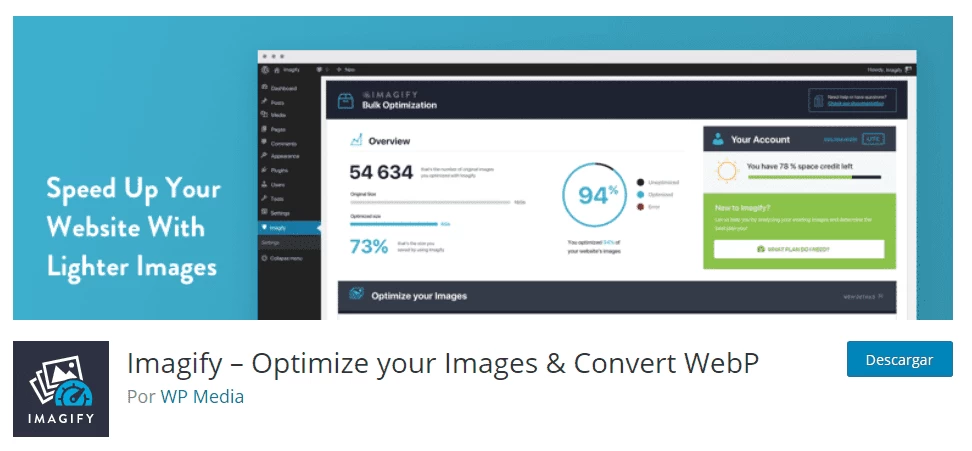 Imagify es una sencilla herramienta para optimizar las imágenes de tu WordPress, pero con una limitación importante por tamaño mensual en la versión gratuita.