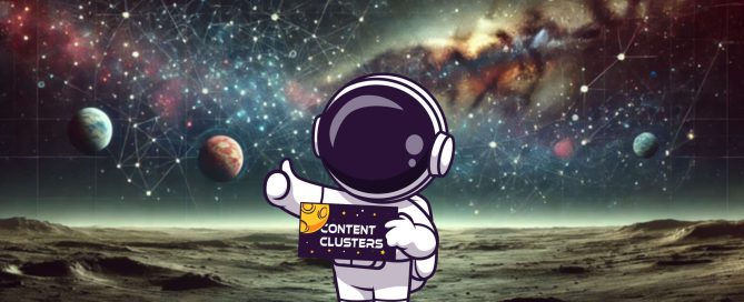 Astronauta sosteniendo un cartel de 'Content Clusters' sobre un fondo de mapa galáctico, representando la interconexión de temas en una estrategia SEO de contenido.