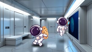 Astronautas en una nave espacial futurista: uno cargando una cookie gigante y otro examinando una huella digital en un monitor.