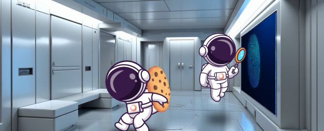 Astronautas en una nave espacial futurista: uno cargando una cookie gigante y otro examinando una huella digital en un monitor.