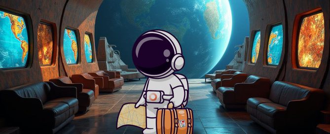 Astronauta con un mapa en la mano que representa un sitemap, junto a una maleta con la pegatina 'I Love Google', dentro de una nave espacial con pantallas que muestran mapas del mundo. Imagen temática del blog de SEOOK para ilustrar la importancia de los sitemaps en SEO