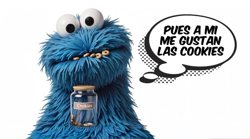 El Monstruo de las Galletas con un bote de cookies y una burbuja de diálogo que dice "Pues a mí me gustan las cookies
