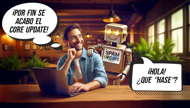 Persona sonriente frente a un portátil celebrando el final del Core Update mientras un robot etiquetado como 'Spam Update' aparece detrás con un mensaje humorístico.