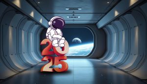 Astronauta reflexionando sobre las tendencias del SEO en 2025, sentado sobre letras corporeas en una nave espacial con vista a la Tierra desde el espacio.