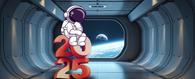 Astronauta reflexionando sobre las tendencias del SEO en 2025, sentado sobre letras corporeas en una nave espacial con vista a la Tierra desde el espacio.