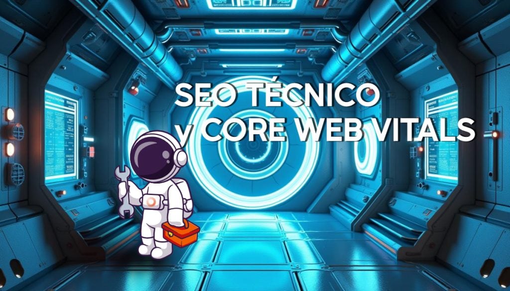 Astronauta técnico en una sala de máquinas futurista con un diseño minimalista y luces azules, representando el SEO técnico y las Core Web Vitals.