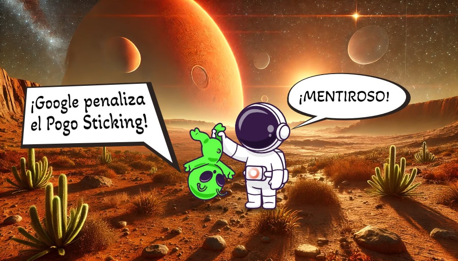 Astronauta sosteniendo un alien en un paisaje extraterrestre mientras discuten sobre el Pogo Sticking en SEO