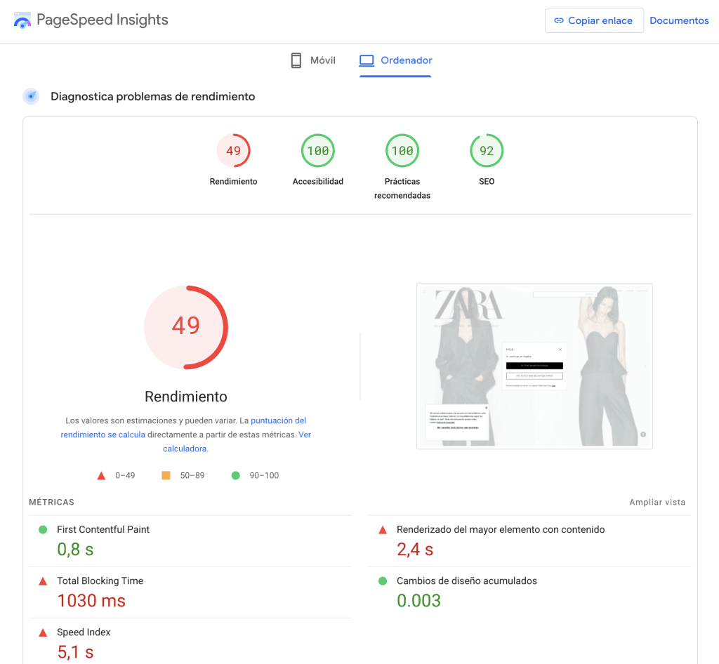 Informe de Page Speed Insights mostrando un bajo rendimiento de una página web con datos sobre tiempos de carga y problemas detectados