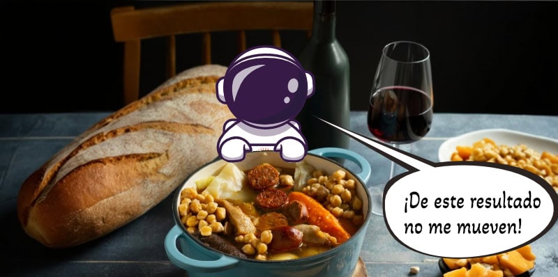 Astronauta disfrutando de un plato de cocido gallego con el texto 'De este resultado no me mueven', explicando la diferencia entre rebote y Pogo Sticking