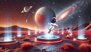 Astronauta saltando en un pogo stick sobre un trampolín futurista en un paisaje espacial, representando el concepto de Pogo Sticking en SEO.