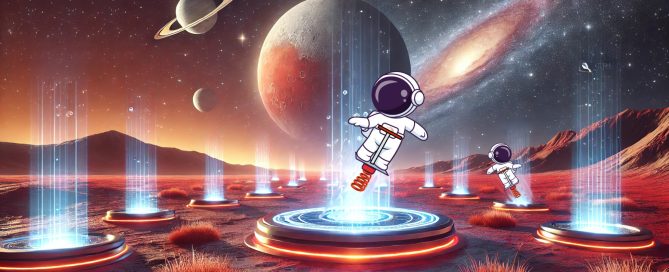 Astronauta saltando en un pogo stick sobre un trampolín futurista en un paisaje espacial, representando el concepto de Pogo Sticking en SEO.