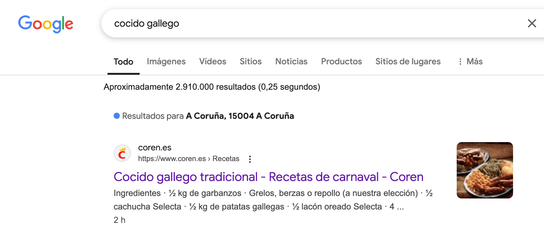 Captura de pantalla de los resultados de búsqueda en Google para 'cocido gallego', mostrando a Coren como el primer resultado.