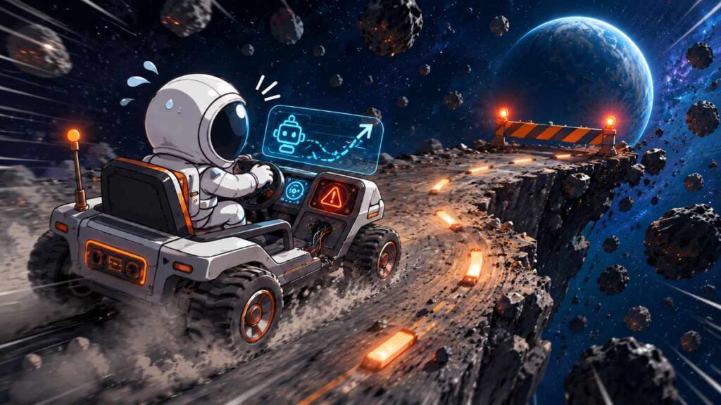 Astronauta conduciendo un rover a gran velocidad hacia una barrera al borde de un precipicio, guiado por una ruta automática marcada por la IA.