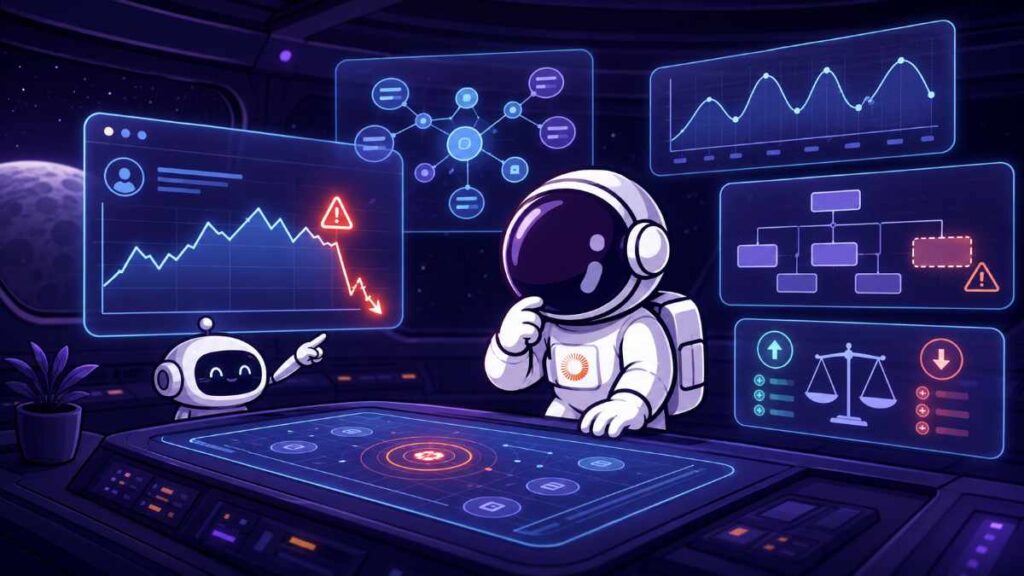 Astronauta analizando una caída de tráfico señalada por un robot en varios paneles de datos y gráficos holográficos.